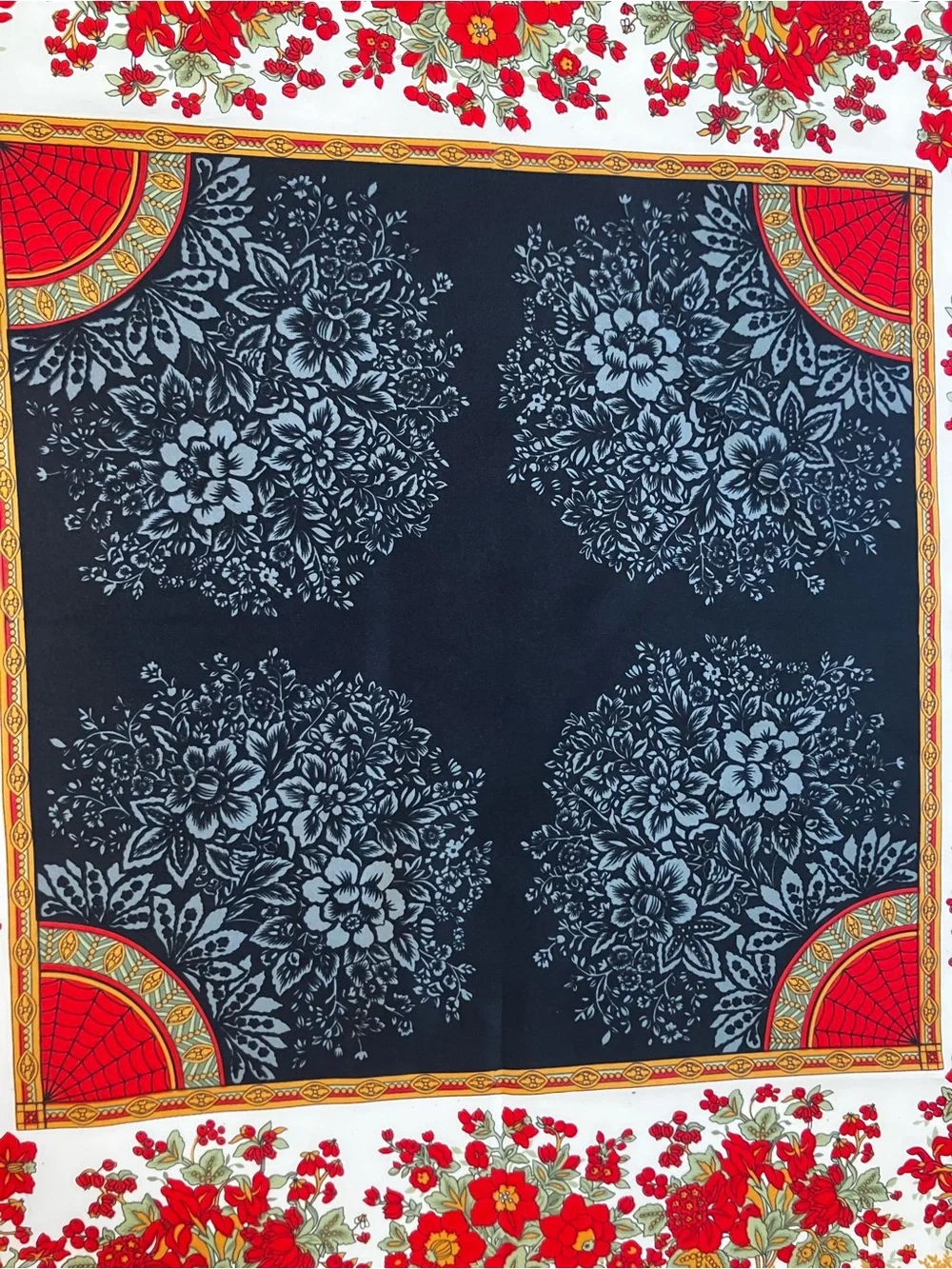 Vtg. Floral Red & Green Border Silk-Feel Scarf